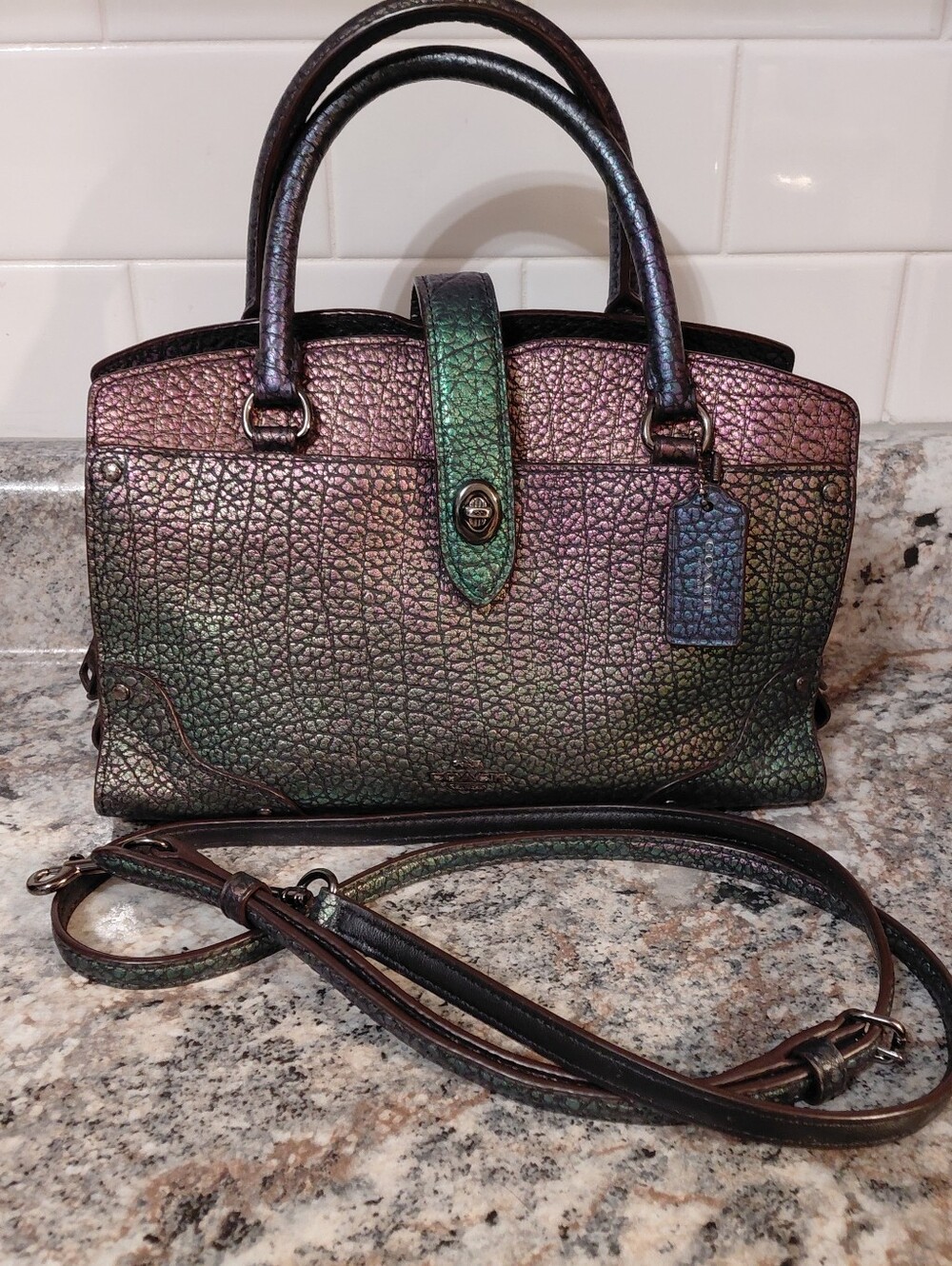 Coach Mercer Iridescent Hologram Pebbled Leather Satchel W/Detachable Strap